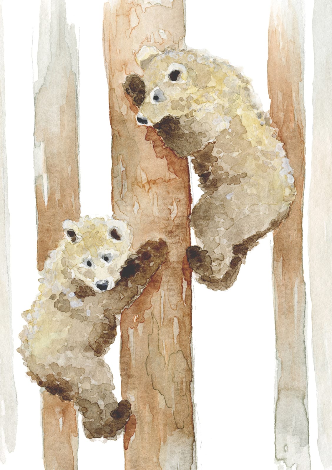 Two bear cubs holding tight to a tall weathered tree — a sweet woodland watercolor for nursery walls and children's rooms.