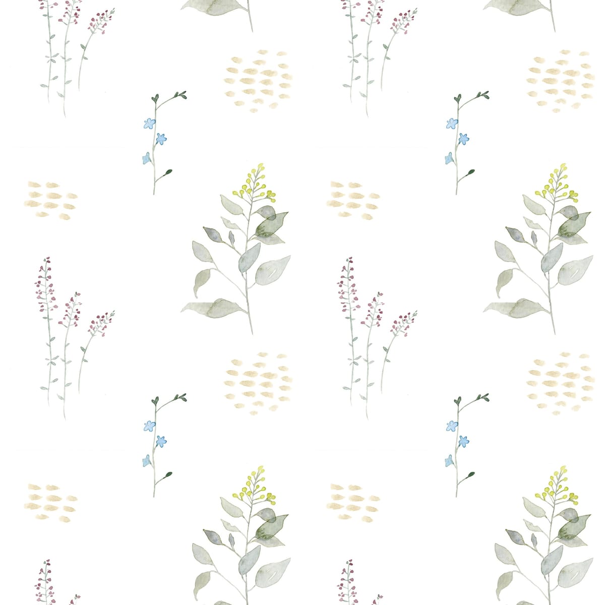 Tiny sprigs and seed heads arranged like a wandering field — a hand-painted botanical pattern watercolor for layered gallery walls.