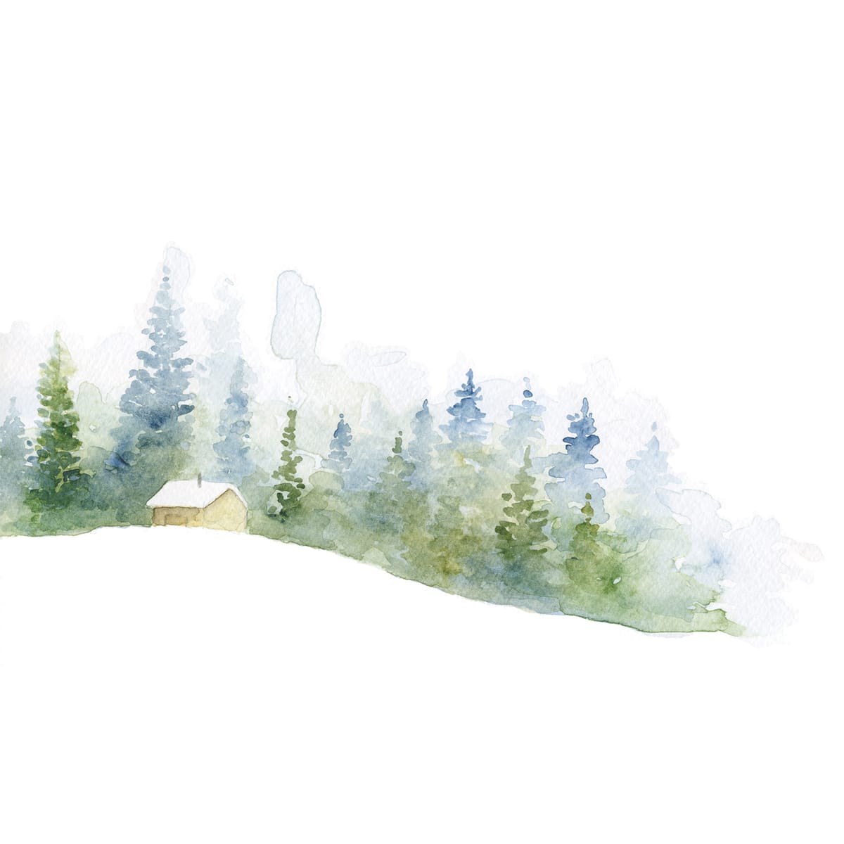A lone cabin at the edge of a misty pine wood with snow settling soft — a quiet winter watercolor for Christmas wall art and cozy holiday decor.