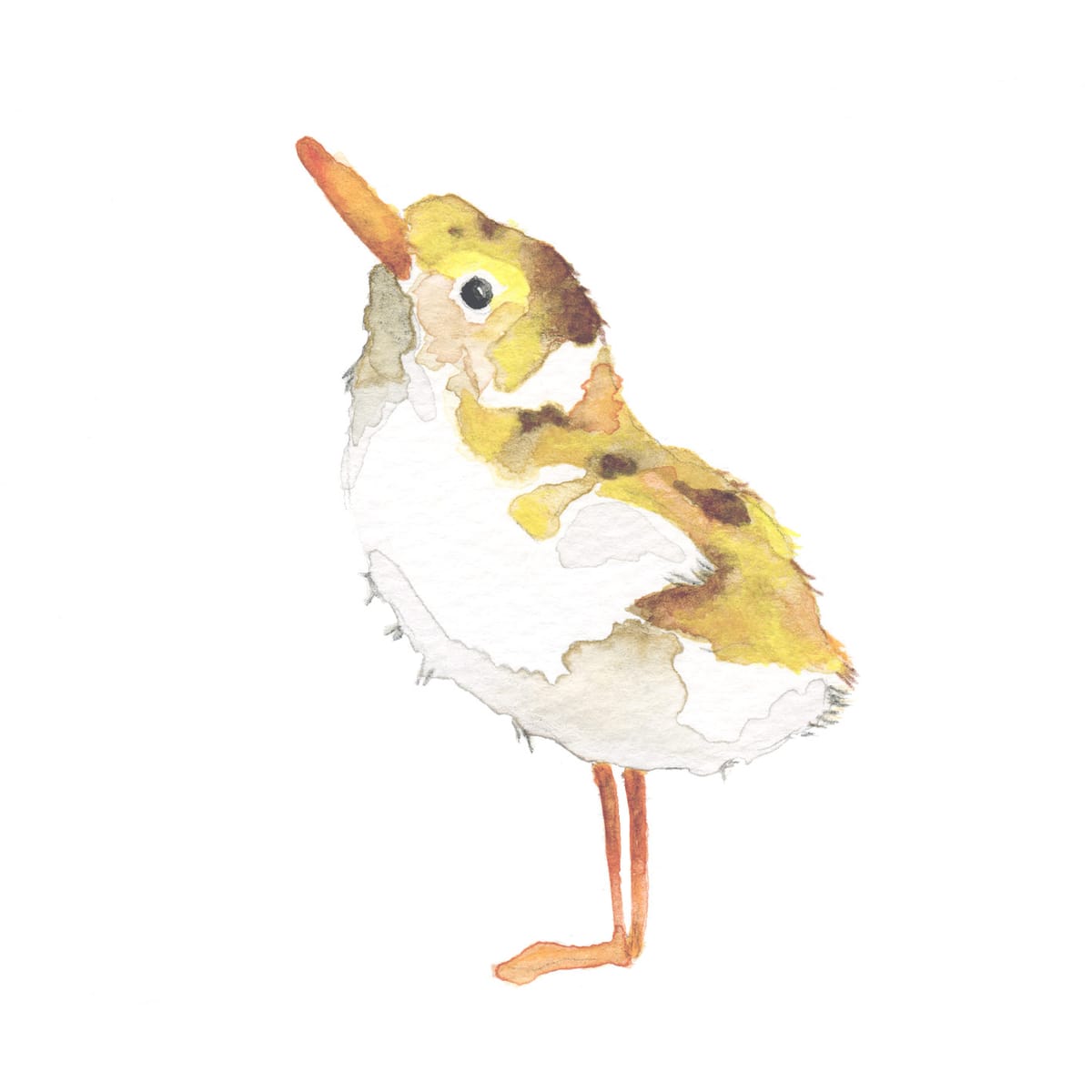 A new duckling with beak lifted, learning the air — a soft yellow nursery watercolor for baby showers and gentle children's wall art.