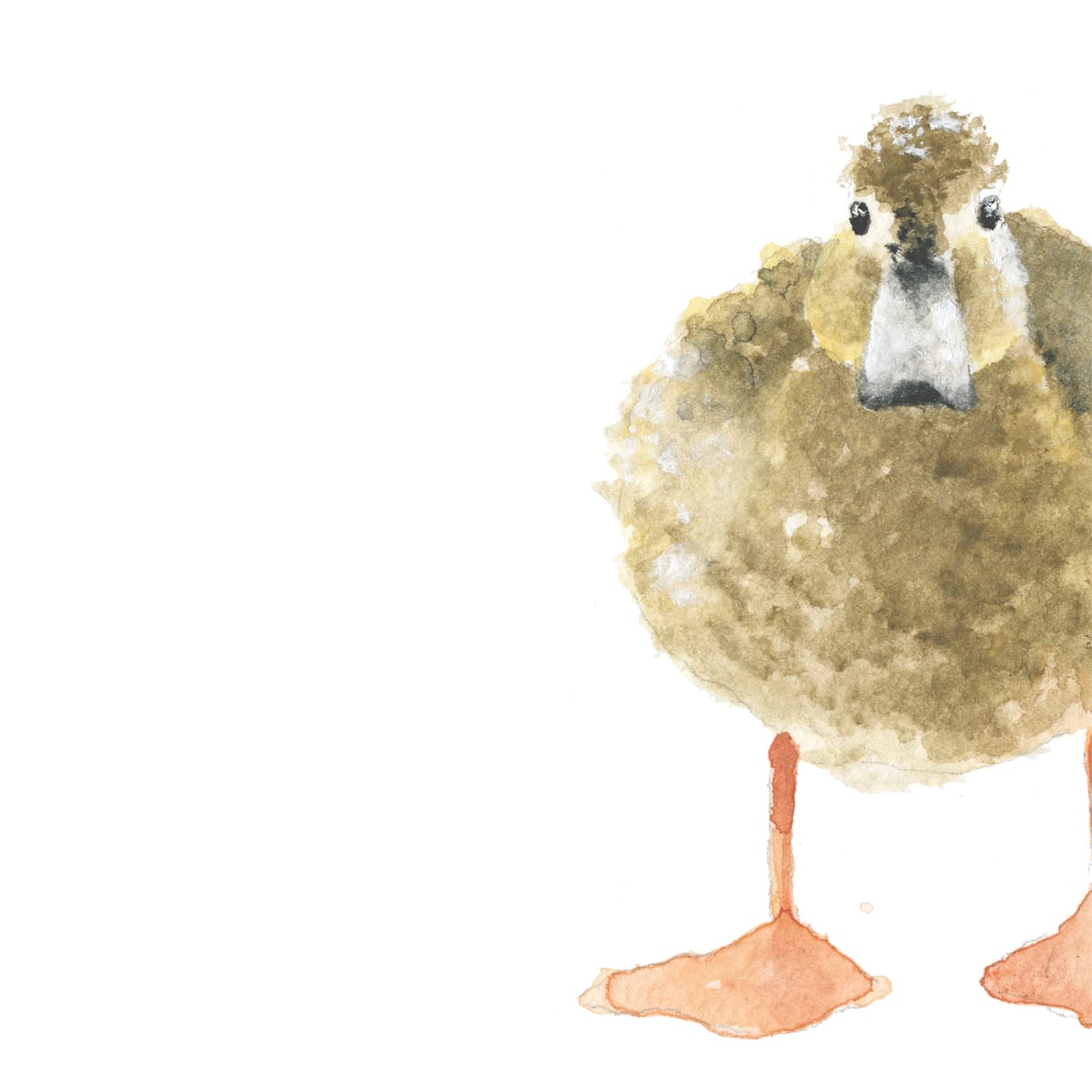 A round farm duck pausing on bright orange feet — a cheerful cottagecore watercolor for sunny kitchens and children's rooms.