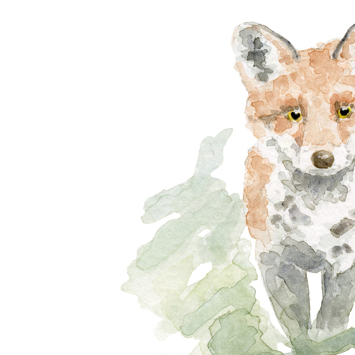 A fox stepping carefully through soft green ferns — a whimsical woodland watercolor in the lineage of classic storybook illustration.