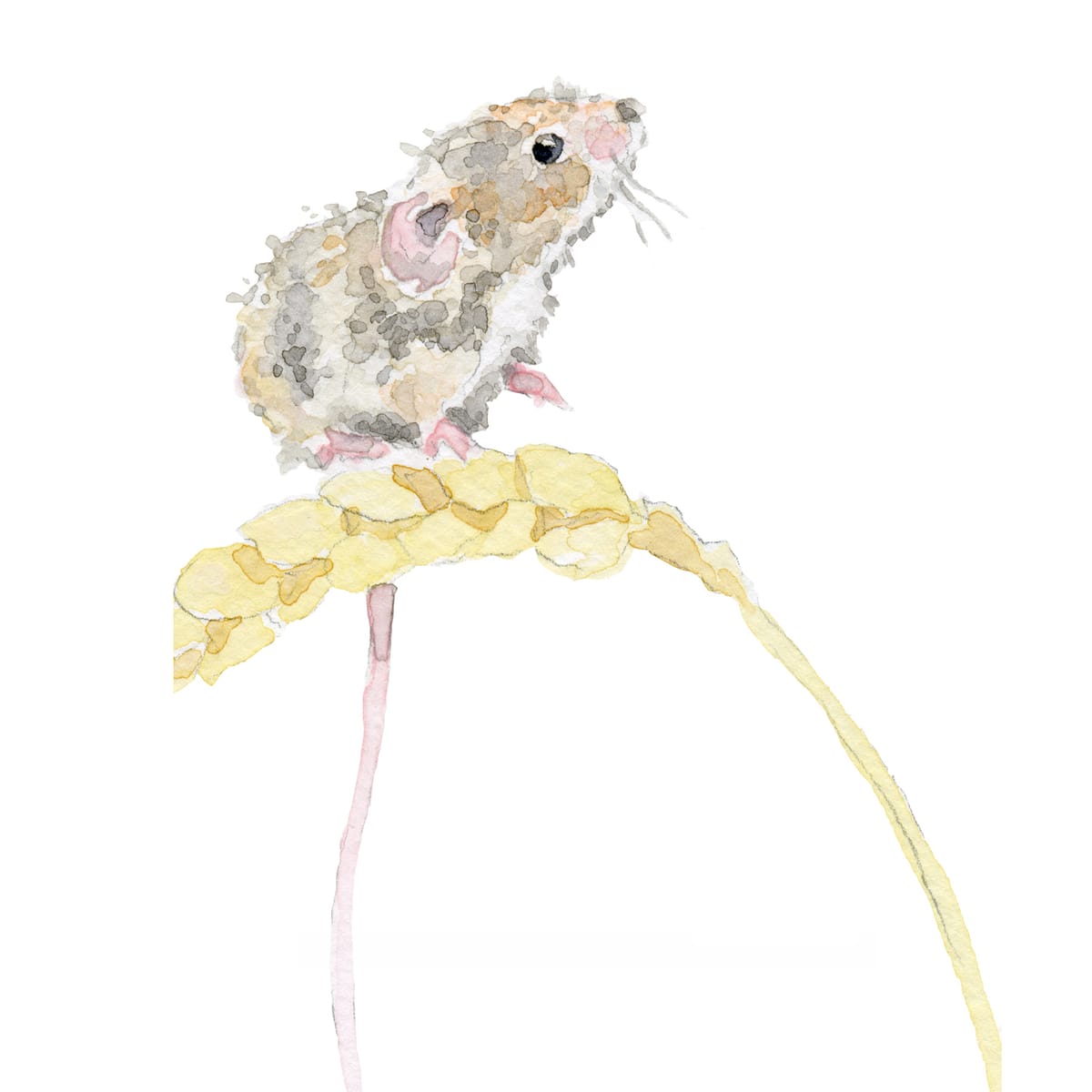 A tiny harvest mouse balanced on a single ear of wheat — a sweet cottagecore watercolor for nursery walls and farmhouse kitchens.
