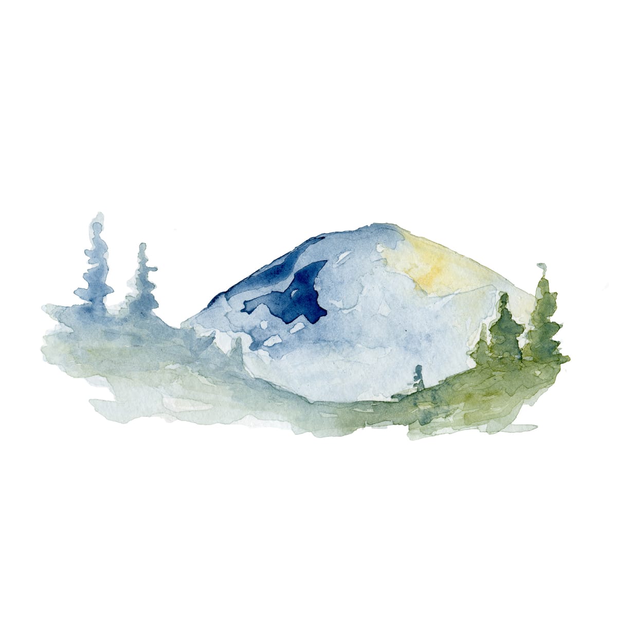 A single mountain peak held in cool blues at the edge of day — a minimal landscape watercolor for serene bedrooms and modern nature walls.