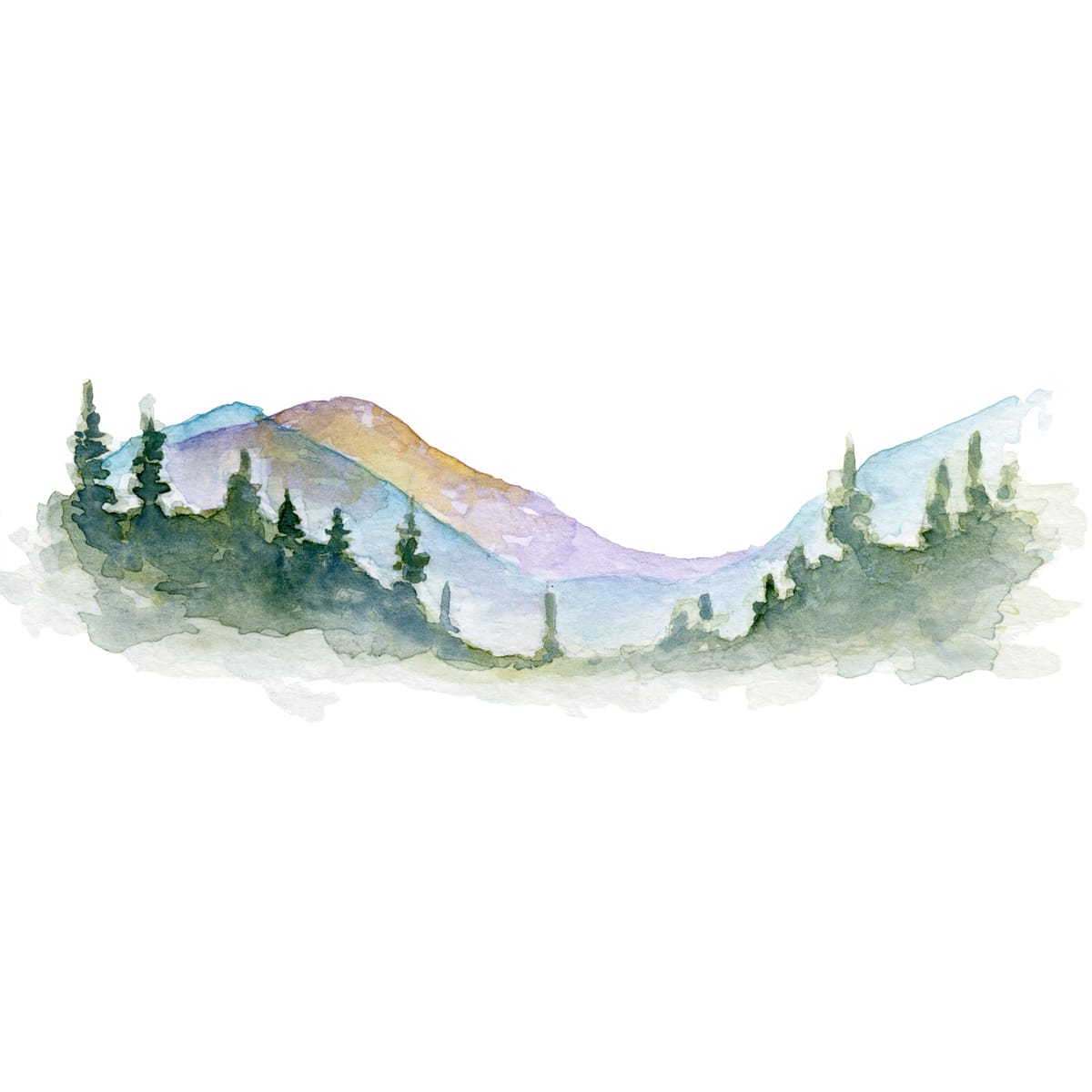 A low ridge washed in soft light, pines stepping forward — a calming landscape watercolor for nature-inspired homes and offices.