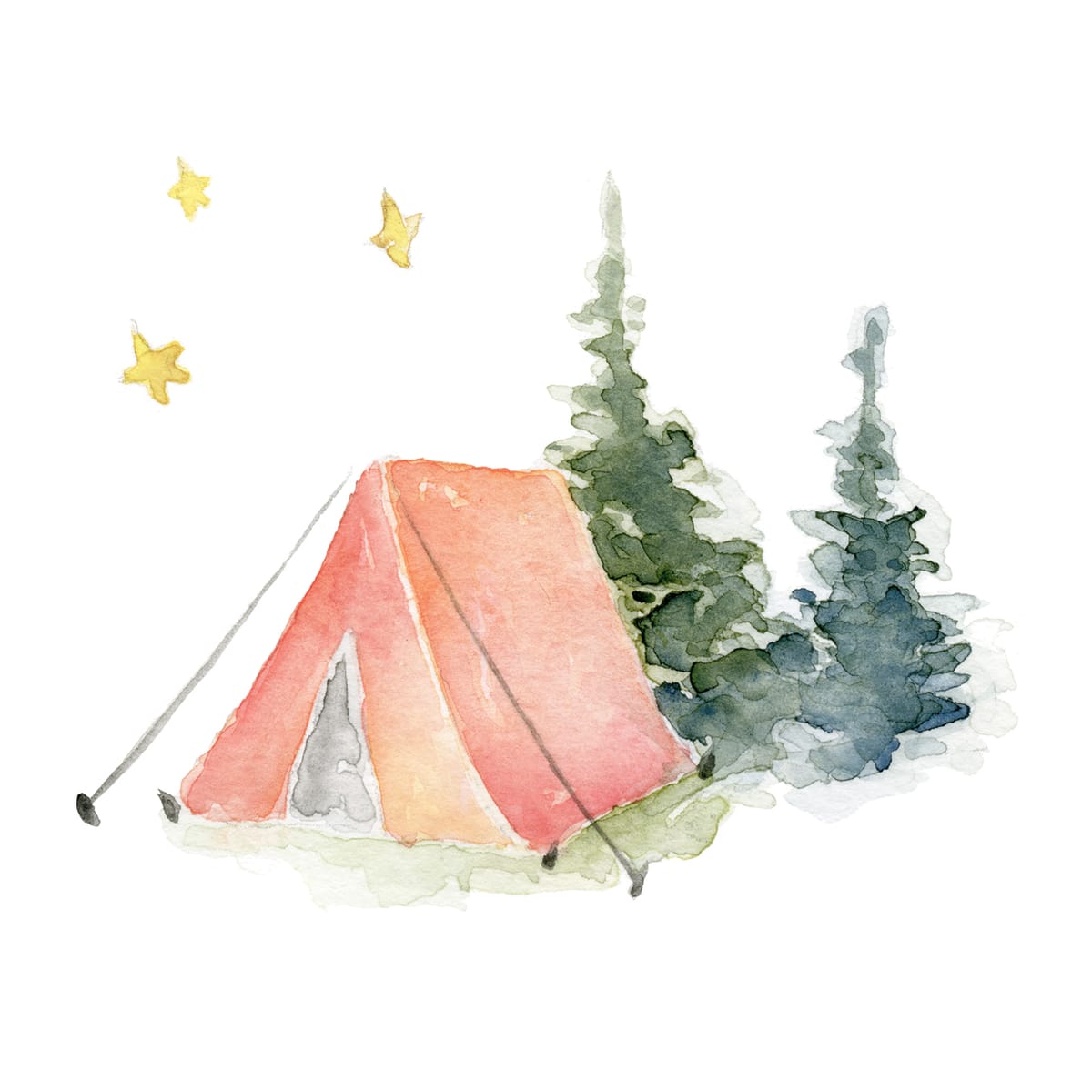 A lone orange tent beside two pines under cold stars — a quiet landscape watercolor for adventure-themed bedrooms and cabin interiors.